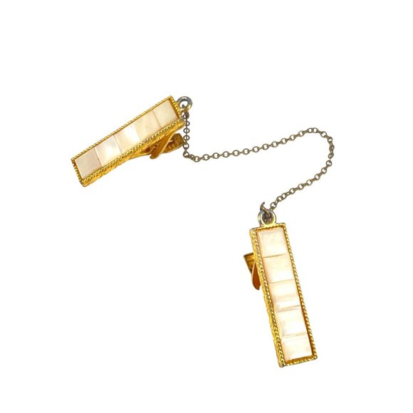 Vintage Sweater Clip Mother of Pearl Gold-Tone Grandma Core Chain - Picture 1 of 6